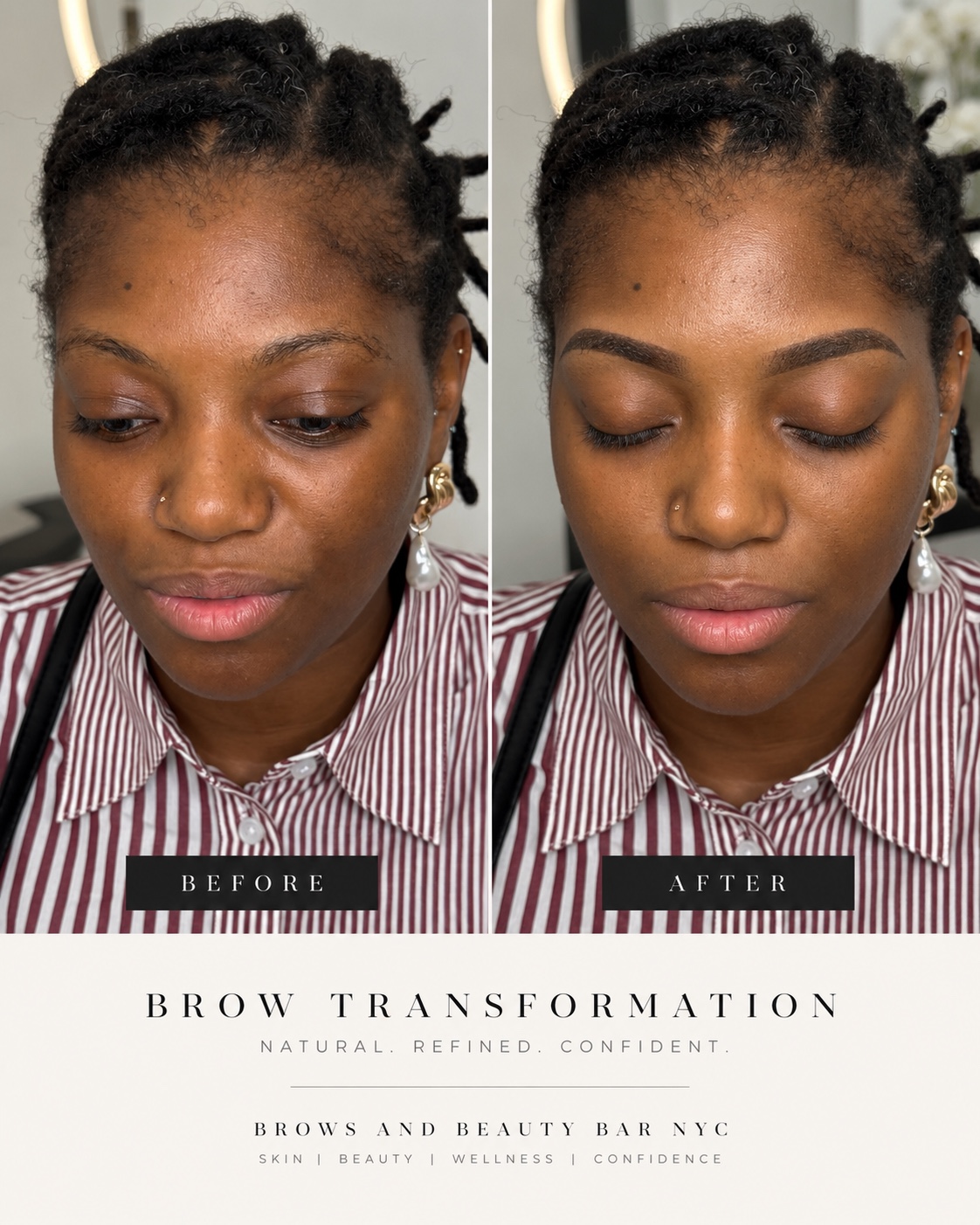 Side-by-side before and after microshading at Brows and Beauty Bar NYC, showing a soft, filled-in brow shape