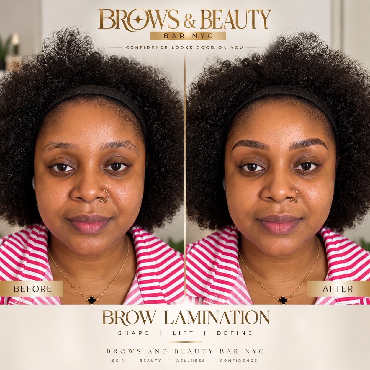 Brow lamination before and after at Brows and Beauty Bar NYC